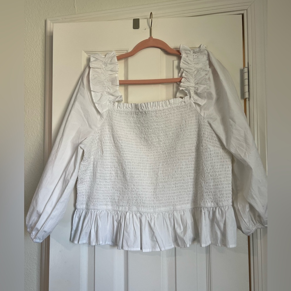 The Drop Women's Marisol Long-Sleeve Ruffle Poplin Smocked Top Size 2X - Picture 6 of 12